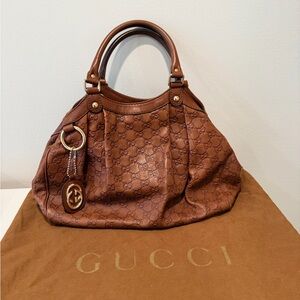 Gucci Embossed Brown Leather Shoulder Bag
